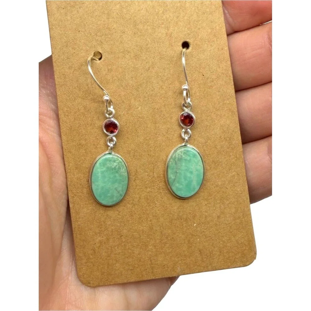 Aztec Mountain Turquoise & Garnet Earrings Solid 925 Sterling Silver Dangle Drop